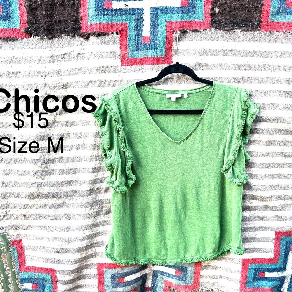 Green Casual blouse, by Chico’s with sleeve design embellishments.